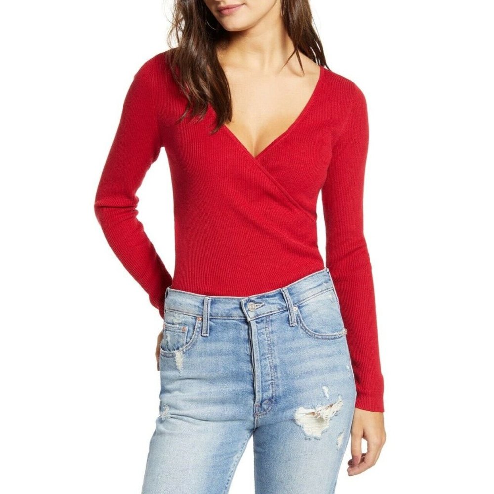 LEITH RIB WRAP SWEATER LONG SLEEVE TOP KNIT RED S